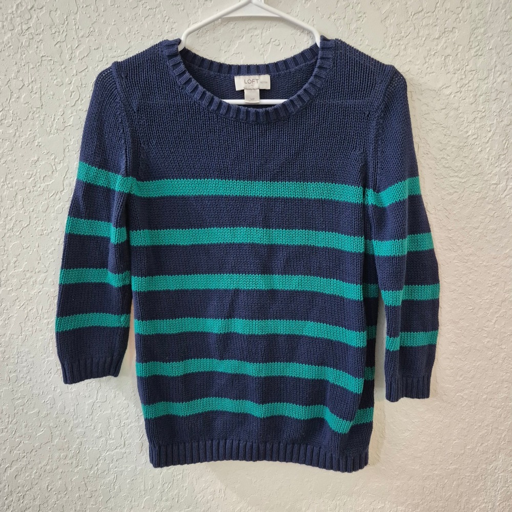 LOFT Petite Striped Shaker Knit Sweater MP‎ Blue Green Cotton Preppy Nautical